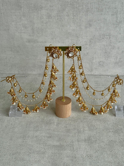 Ayura Designs Kohsar Earrings with Sahare – Mirror-Cut Studs, Fish Motifs & Pearl Detailing in Antique Gold