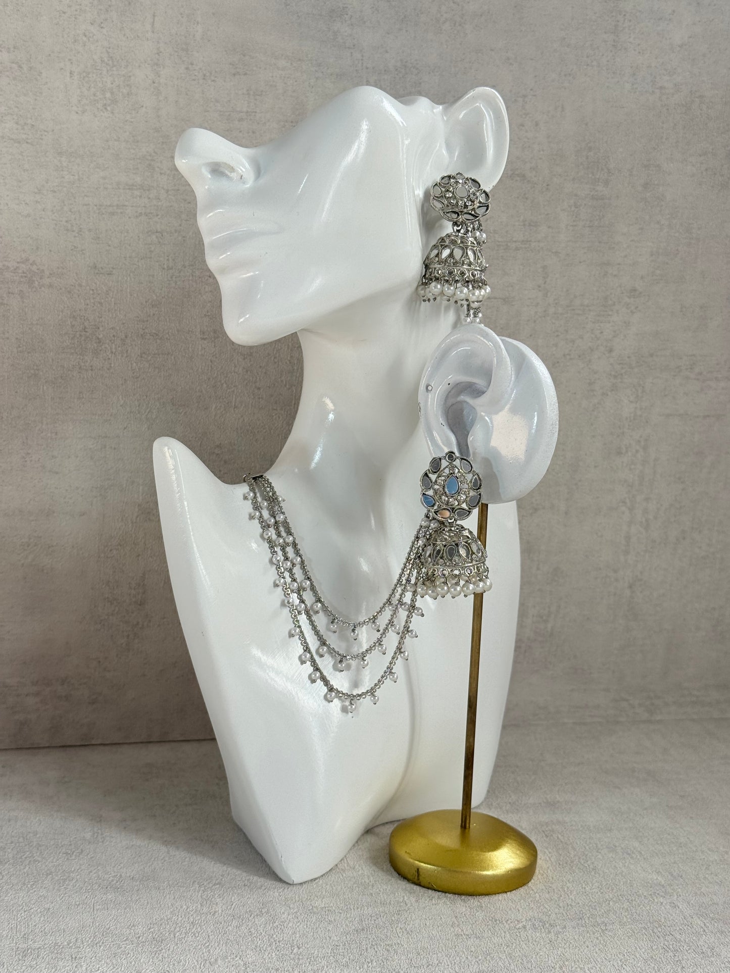 Ayura Designs Aiyana Jhumkis – Silver Mirror-Cut Earrings with Detachable Triple-Layer Pearl Sahare