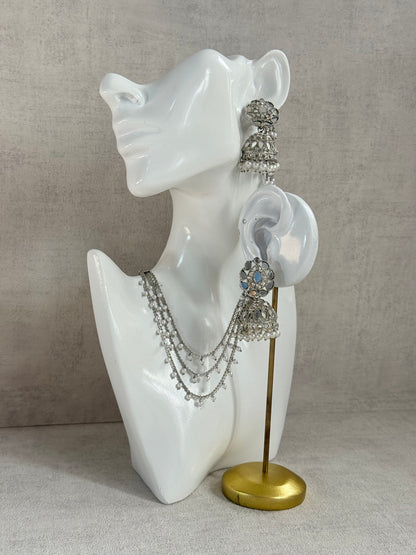 Ayura Designs Aiyana Jhumkis – Silver Mirror-Cut Earrings with Detachable Triple-Layer Pearl Sahare