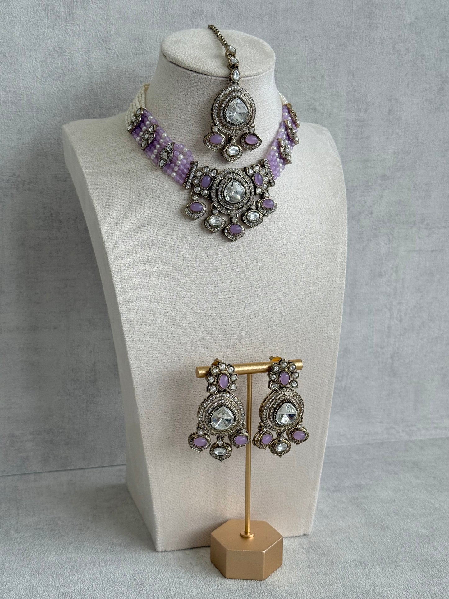 Ayura Designs Rahi Necklace Set with Earrings & Tikka – Lilac Stones with Mirror-Cut Detailing & Pearl Strands