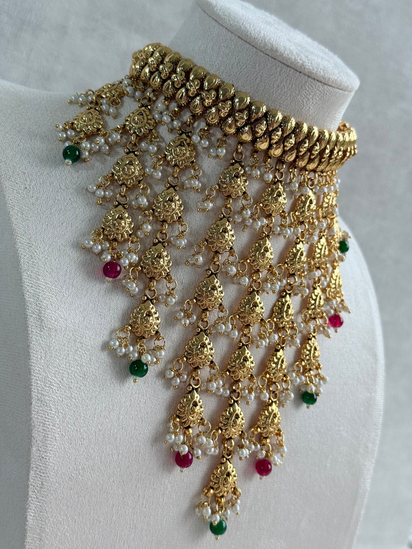 Ayura Designs Karima Choker Set with Sahare Earrings & Tikka – Waterfall Design, Rani Pink & Green Beads, Pearls & Antique Gold Finish