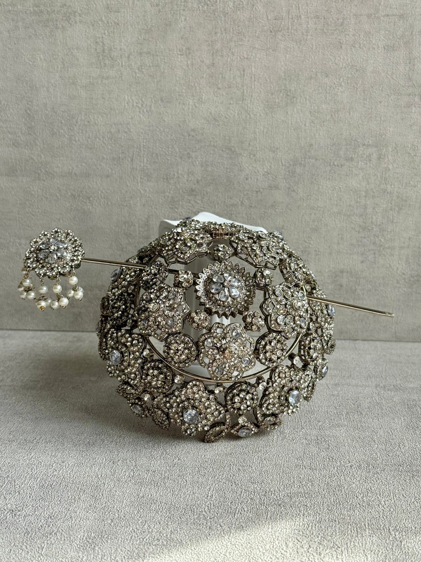 Ayura Designs Lotus Hair Bun Cover – Antique Silver with Mirror-Cut Stones & Floral Detailing