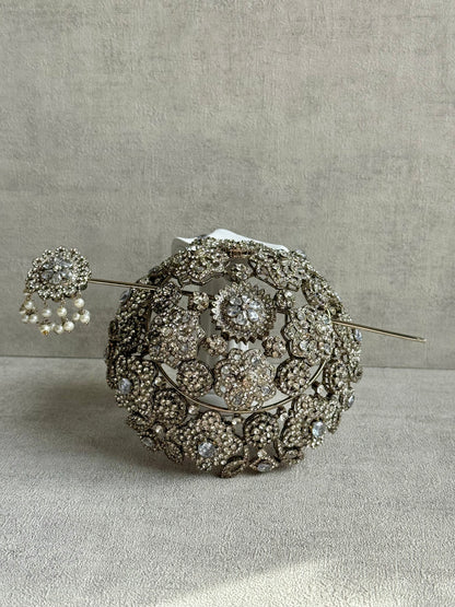 Ayura Designs Lotus Hair Bun Cover – Antique Silver with Mirror-Cut Stones & Floral Detailing