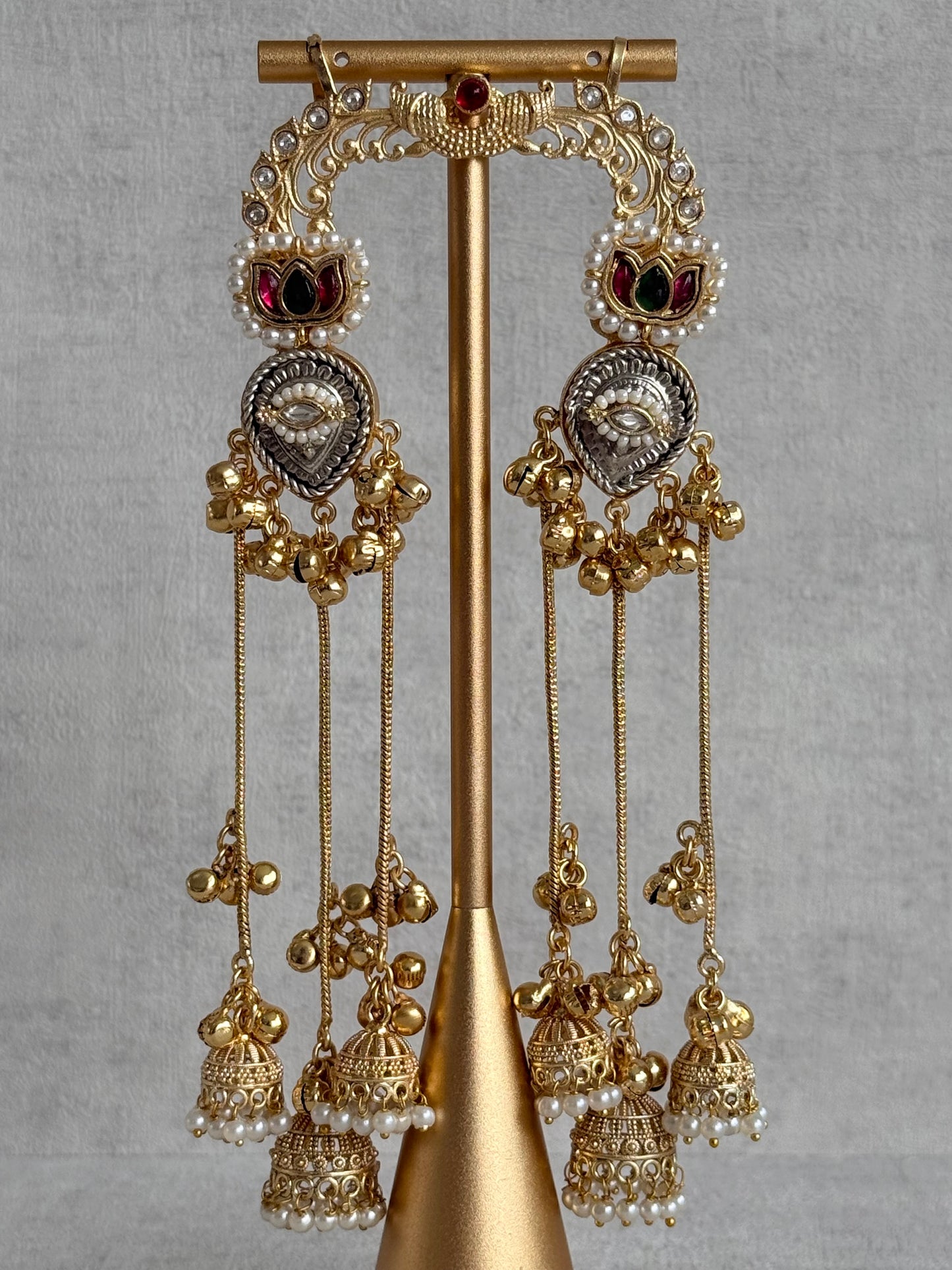 Ayura Designs Kaifiya Earrings – Peacock-Inspired Half Ear Cuff Jhumkis with Ruby Pink & Emerald Stones