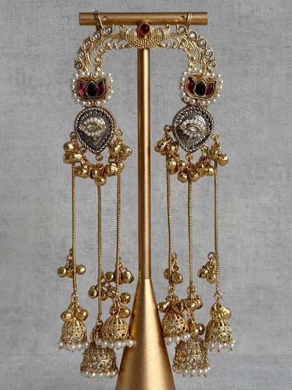 Ayura Designs Kaifiya Earrings – Peacock-Inspired Half Ear Cuff Jhumkis with Ruby Pink & Emerald Stones