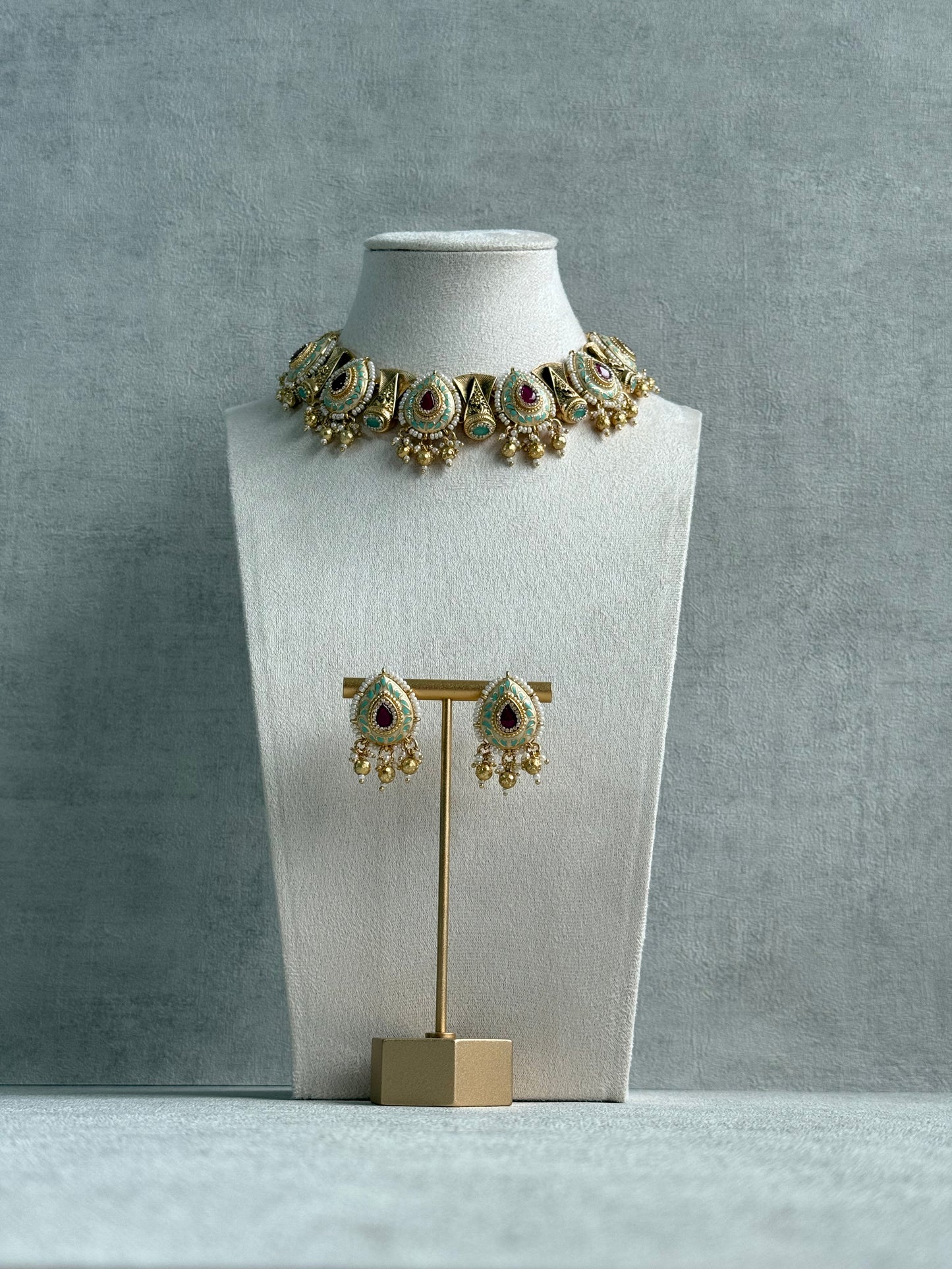 Ayura Designs Aaira Set with Necklace & Studs – Mint Green Meenakari with Rani Pink Centre & Pearl Detailing