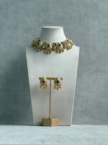 Ayura Designs Aaira Set with Necklace & Studs – Mint Green Meenakari with Rani Pink Centre & Pearl Detailing