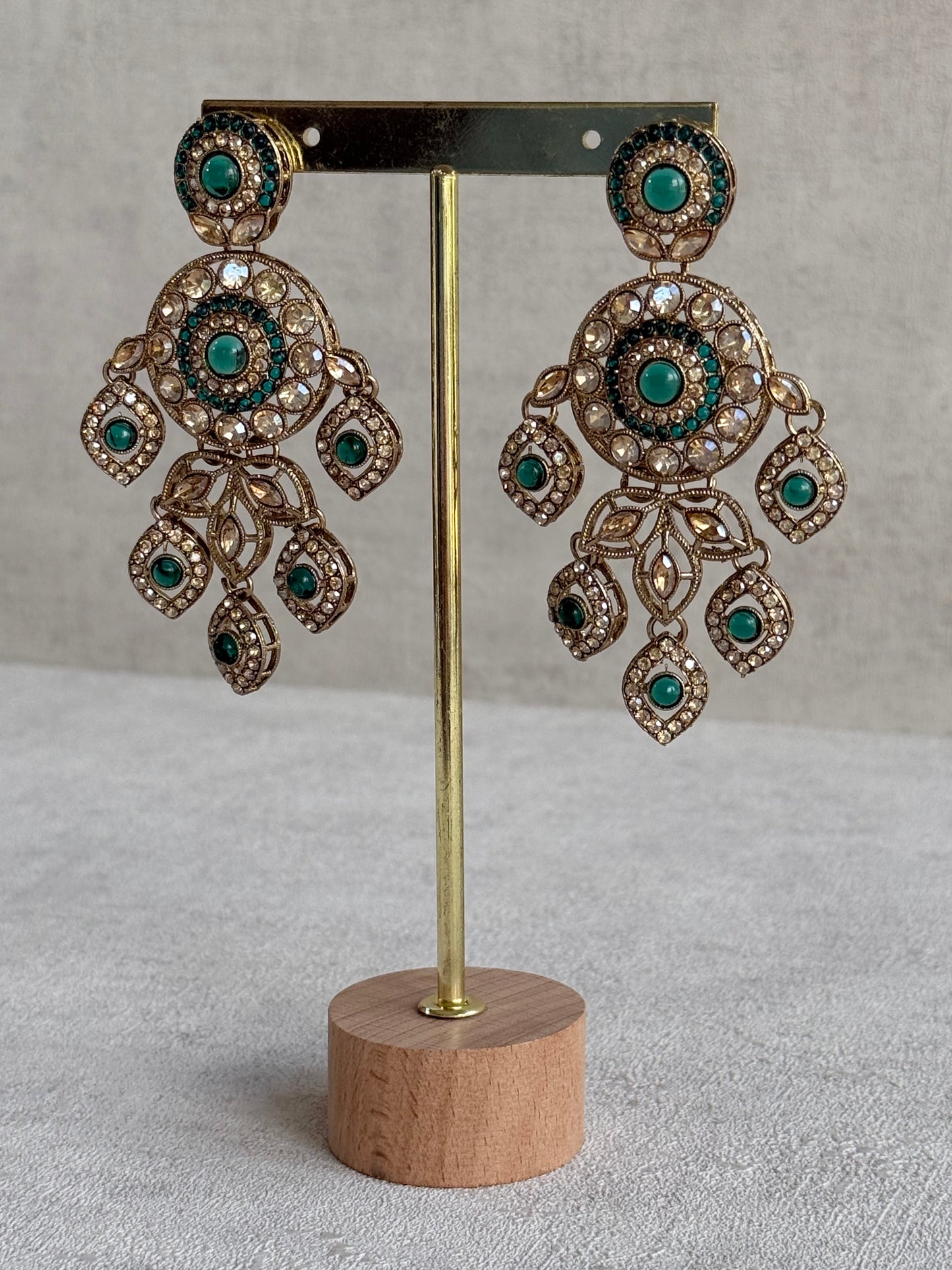 Ayura Designs Vanika Earrings – Teal Green & Champagne Crystal Gold Finish