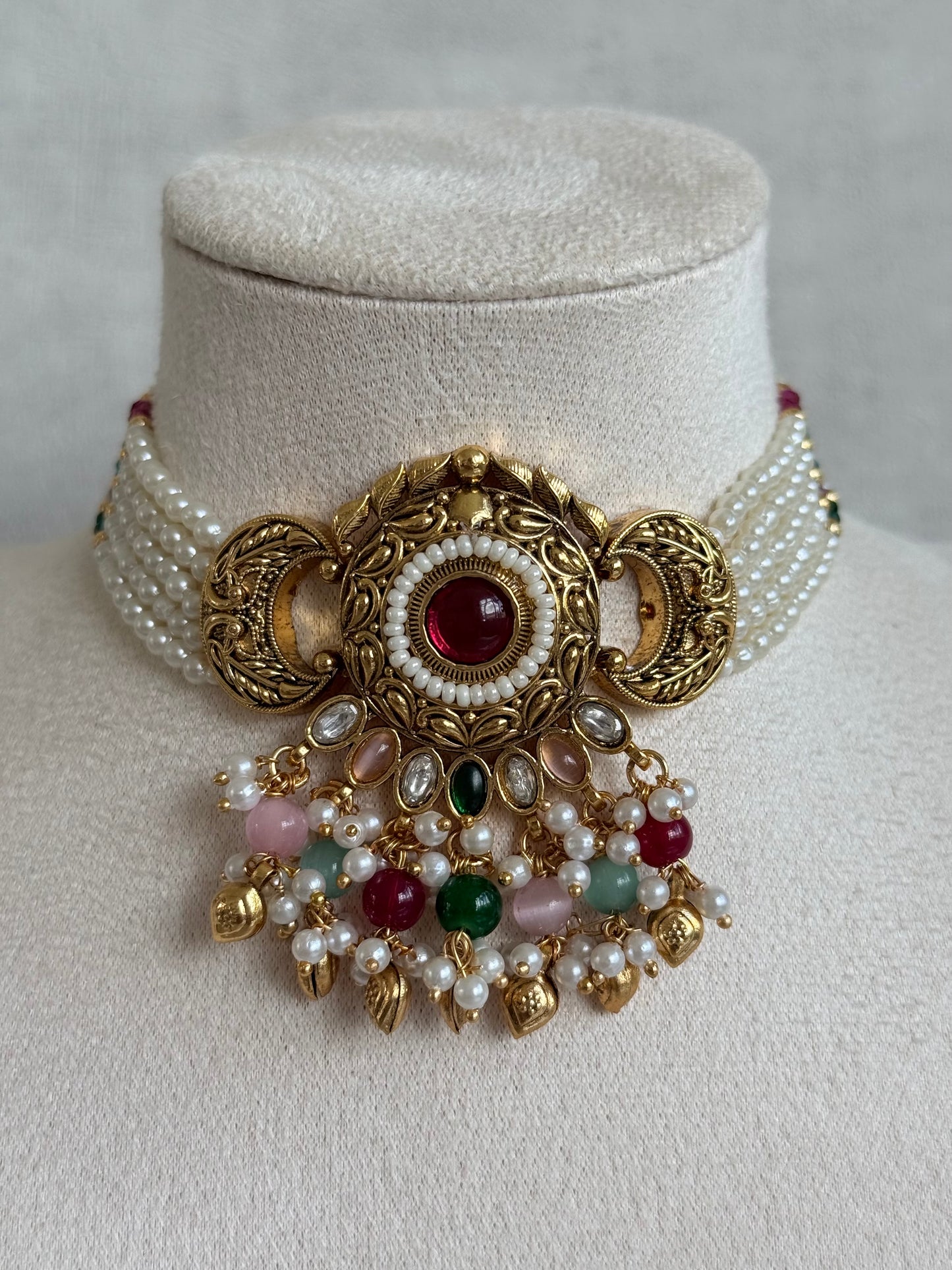 Ayura Designs Mehr Choker Set with Earrings & Tikka – Multicolour Beads, Ruby Pink Centre Stones, Pearl Strands & Antique Gold Finish