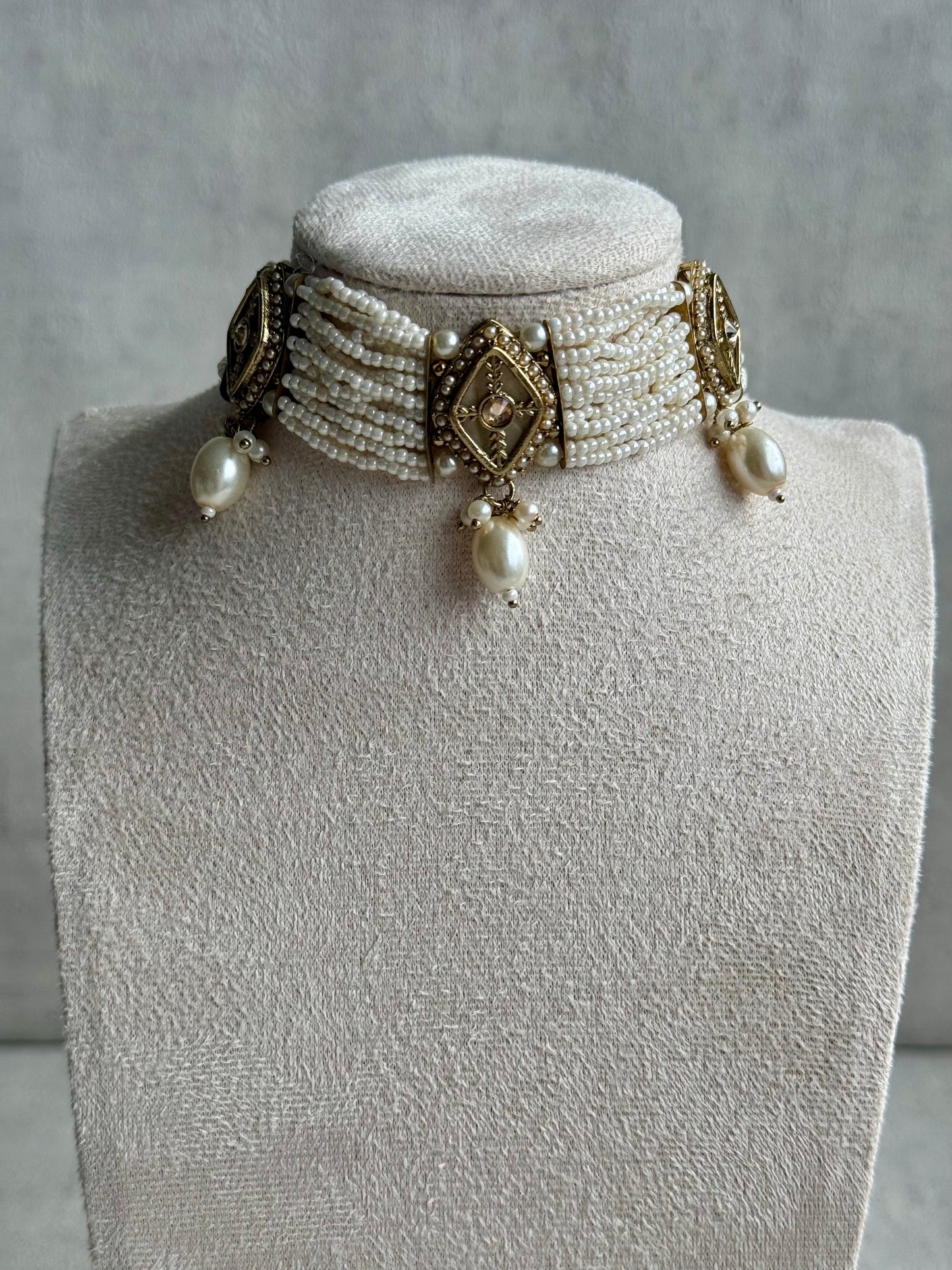 Ayura Designs Ariana Choker Set with Jhumkis – Kundan & Pearl in Antique Gold
