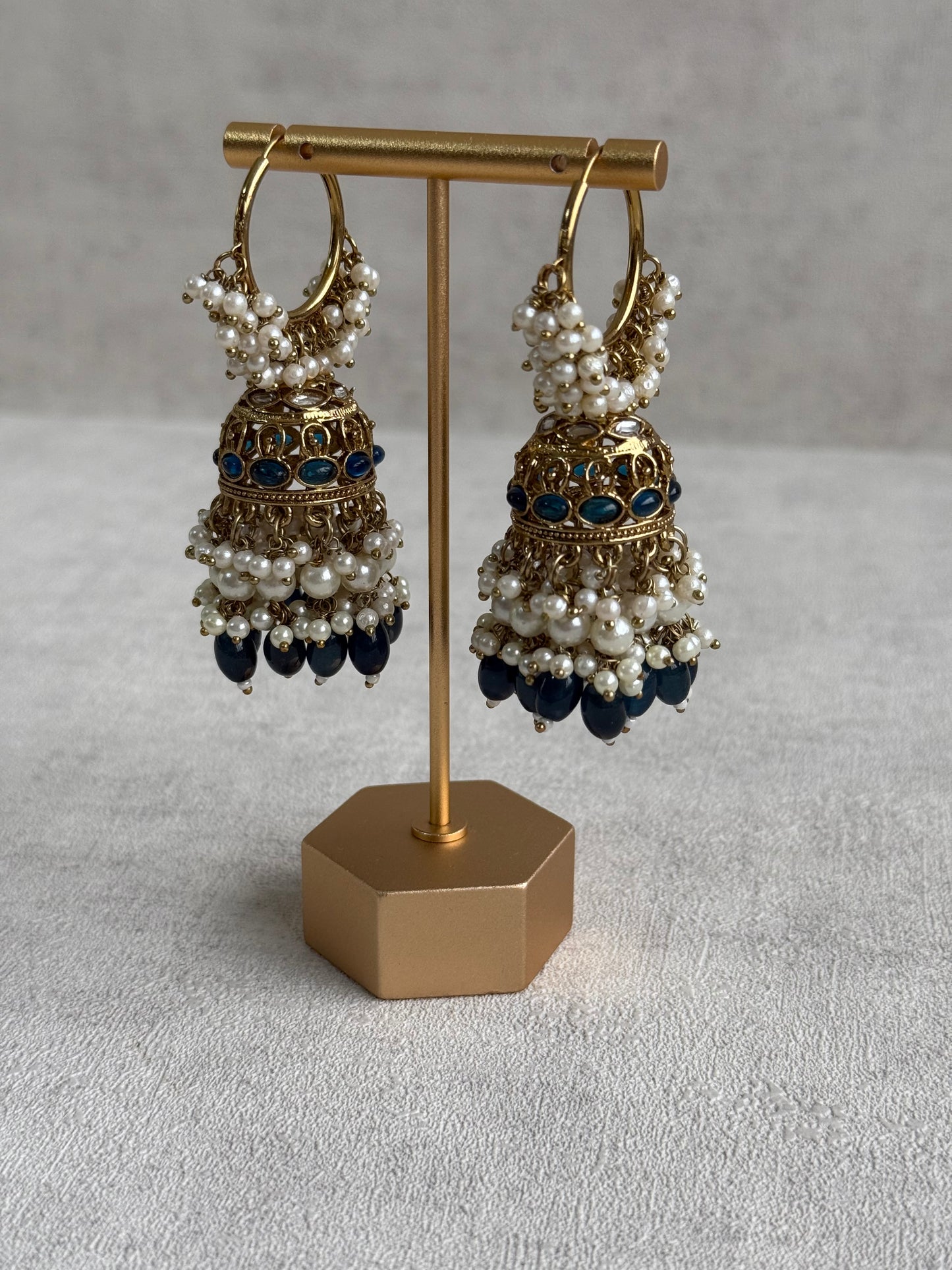 Ayura Designs Jugni Jhumkis – Antique Gold Balis with Ink Blue Beads & Pearl Clusters