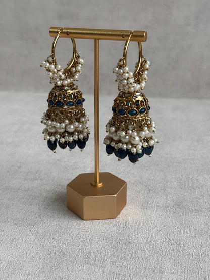 Ayura Designs Jugni Jhumkis – Antique Gold Balis with Ink Blue Beads & Pearl Clusters