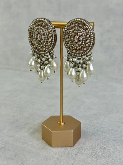 Ayura Designs Aynoor Bloom Circle Earrings – Antique Gold Finish with Mirror-Cut Stones & Pearl Drops