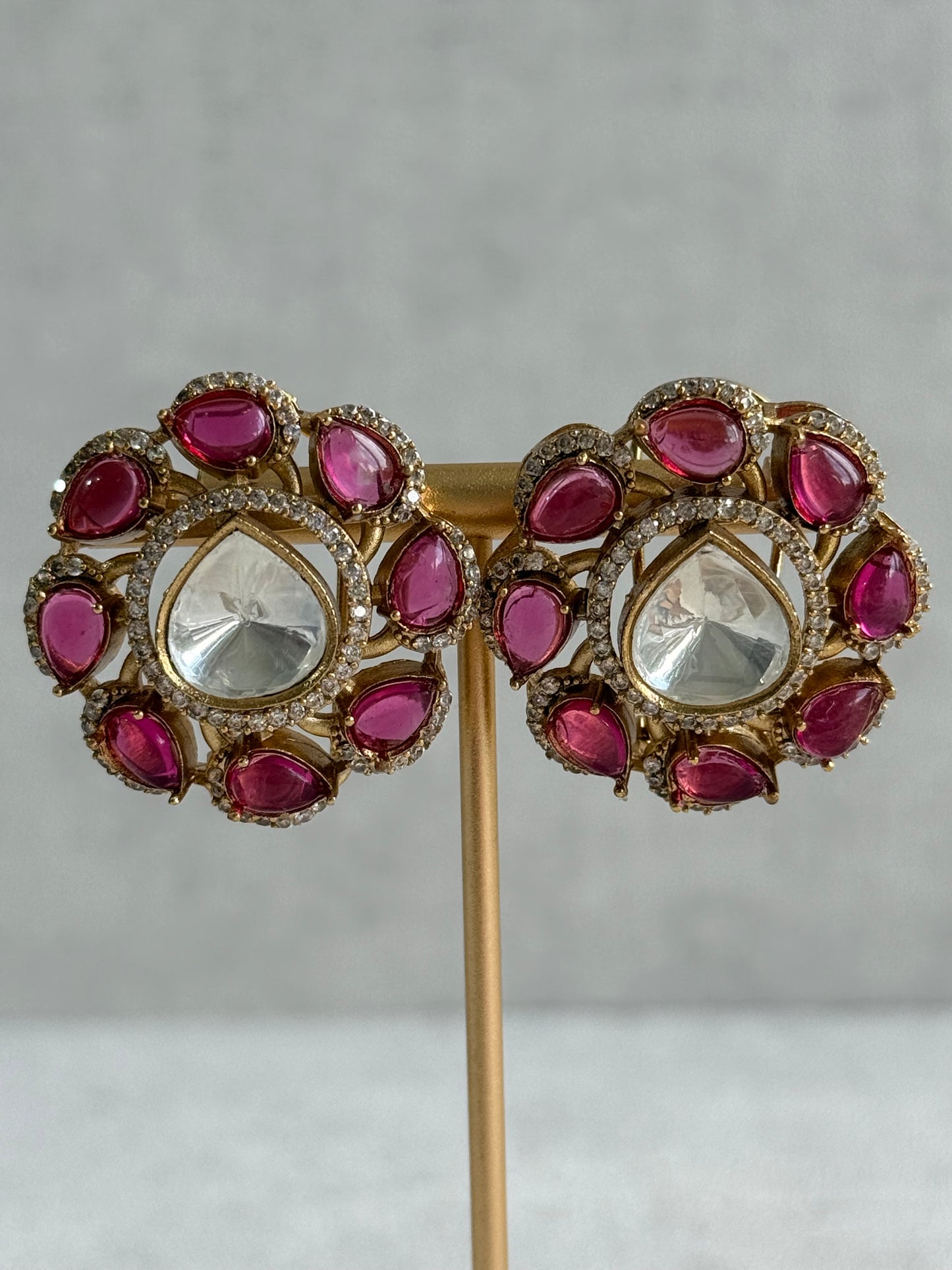 Ayura Designs Giana Stud Earrings – Rani Pink & Crystal Kundan with Gold Finish