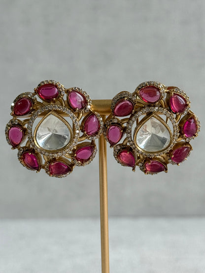 Ayura Designs Giana Stud Earrings – Rani Pink & Crystal Kundan with Gold Finish
