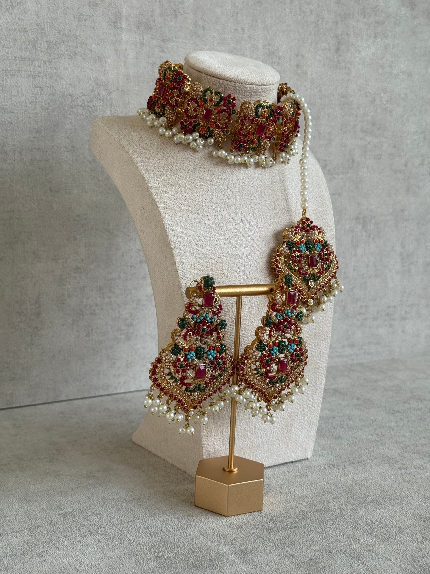 Ayura Designs Mahnoor Navratan Choker Set with Earrings & Tikka – Antique Gold Finish, Multicolour Enamel & Pearl Detailing