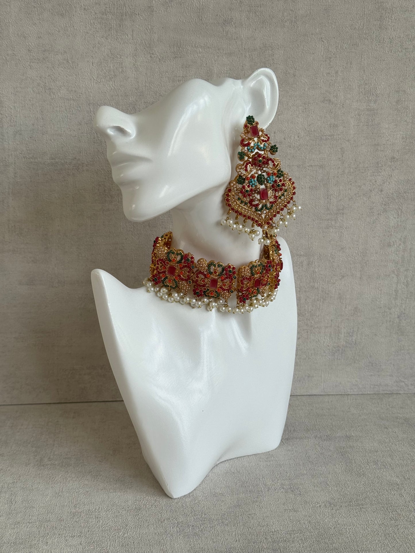 Ayura Designs Mahnoor Navratan Choker Set with Earrings & Tikka – Antique Gold Finish, Multicolour Enamel & Pearl Detailing
