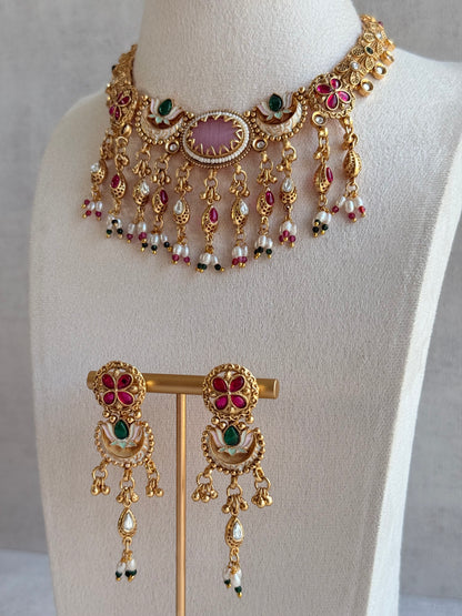Ayura Designs Aavya Necklace Set – Blush Pink & Emerald Green Kundan Meenakari Design