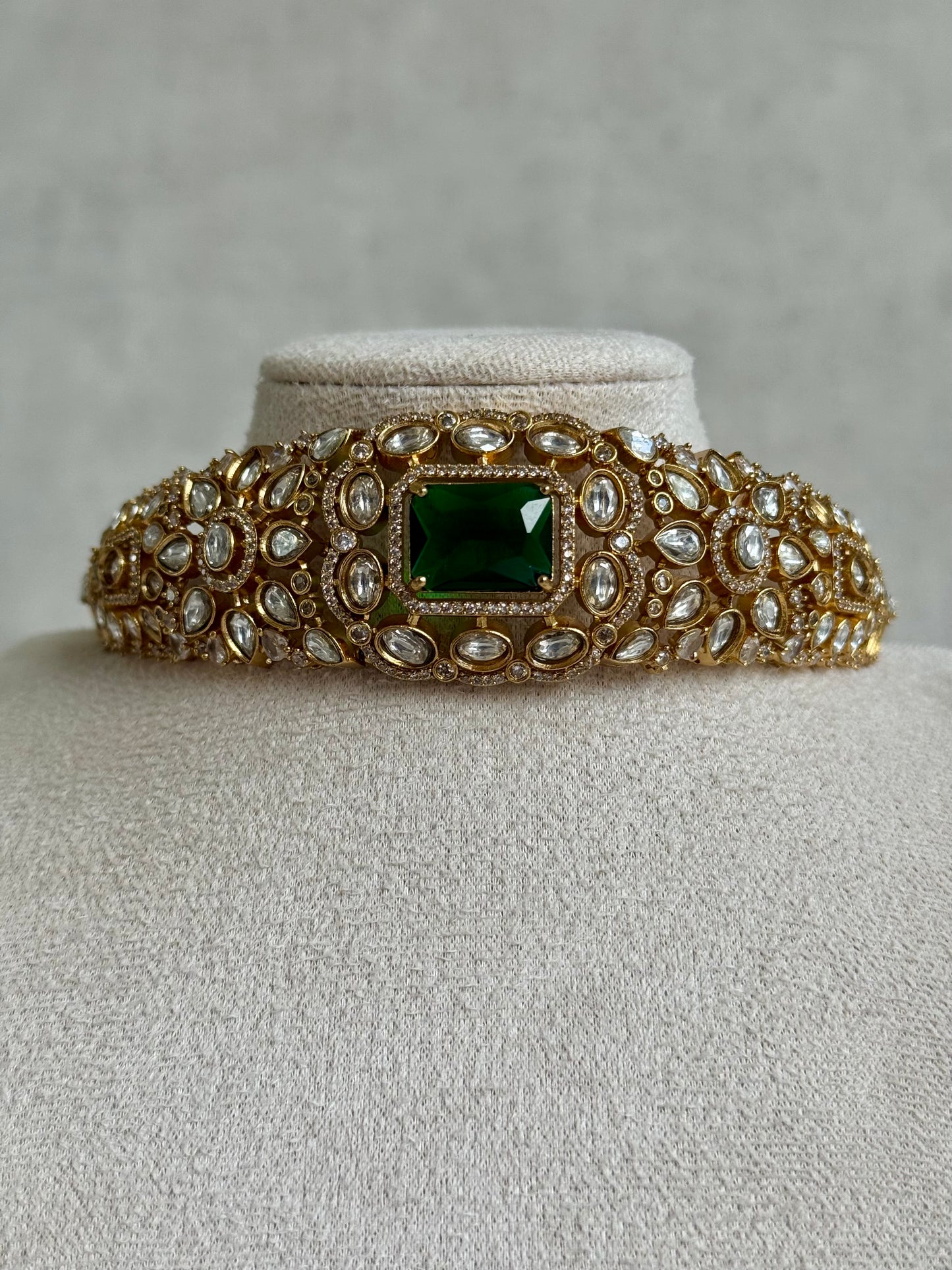 Ayura Designs Akasha Choker Set with Stud Earrings – Emerald Green Moissanite Stones & Antique Gold Finish
