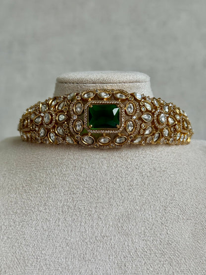 Ayura Designs Akasha Choker Set with Stud Earrings – Emerald Green Moissanite Stones & Antique Gold Finish