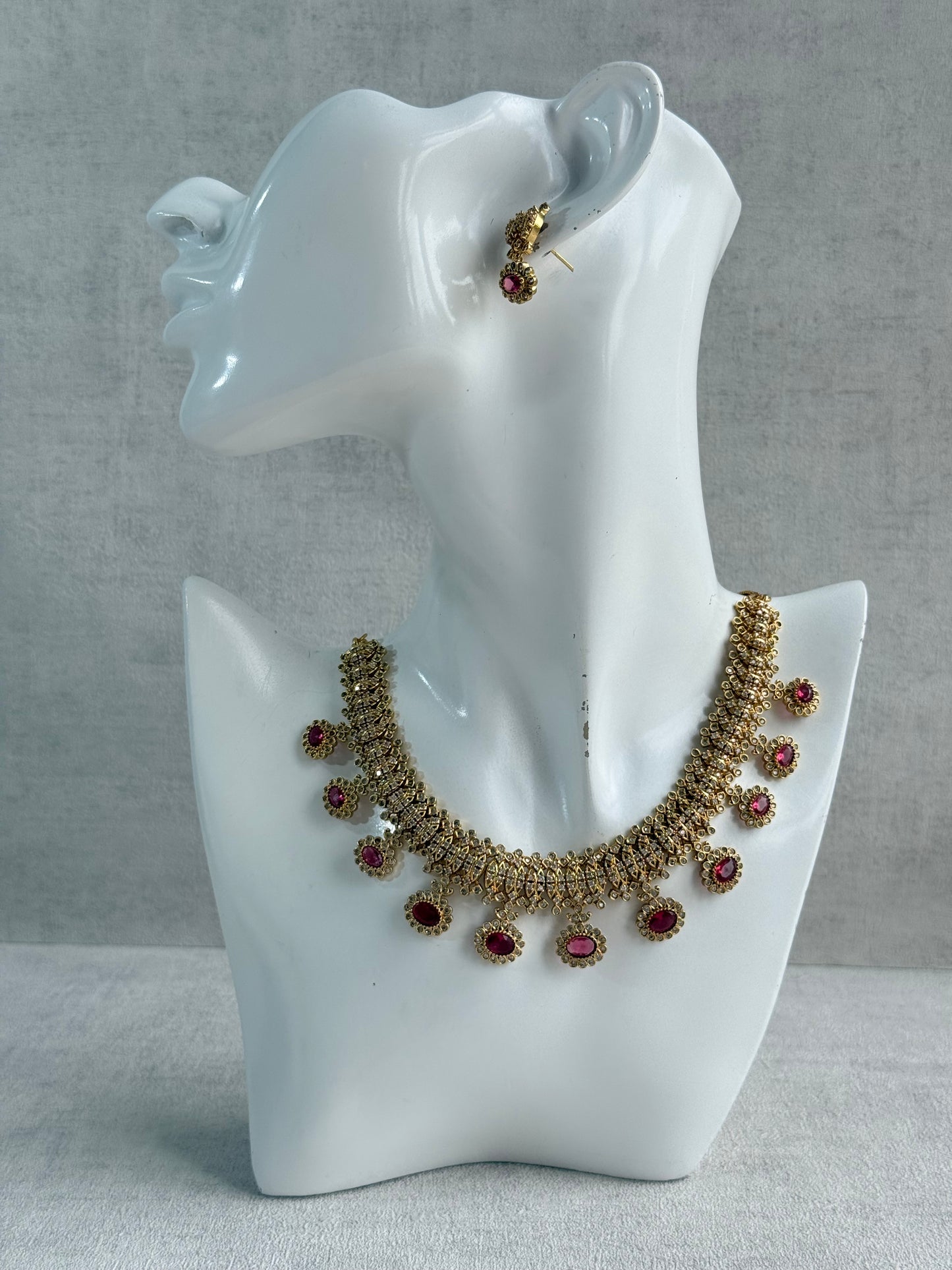Ayura Designs Elisha Necklace Set with Earrings – Rani Pink & Crystal Stone Detailing