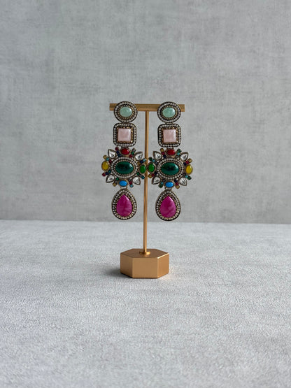Ayura Designs Jeenat Earrings – Multicolour Stones, Crystal Detailing & Rani Pink Teardrops