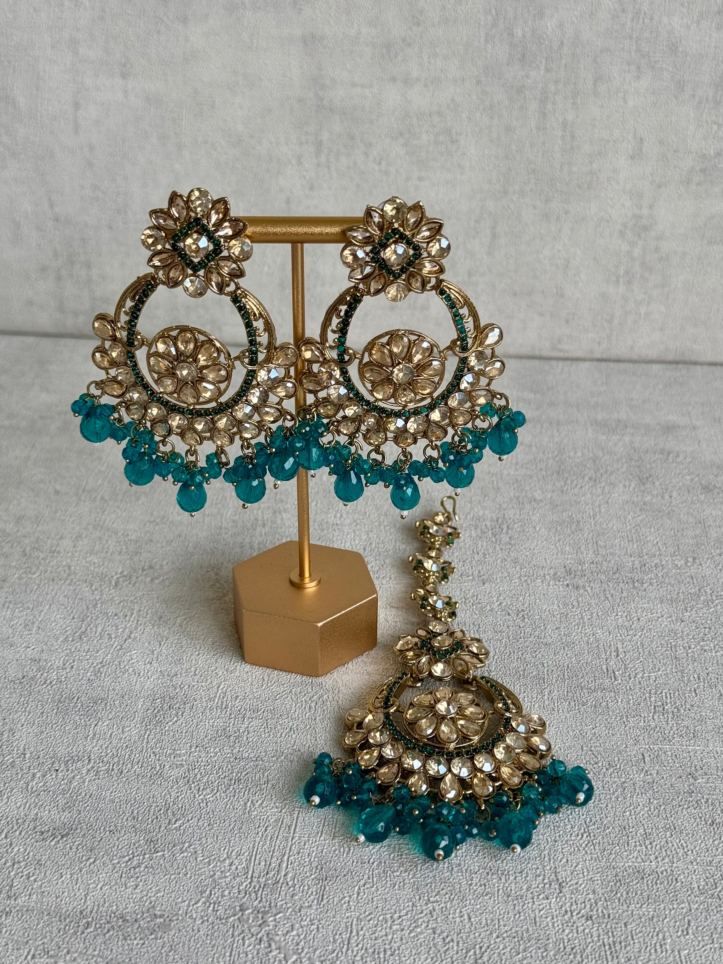 Ayura Designs Feroza Tikka & Earrings Set – Gold-Plated with Handcrafted Kundan Work, Teal Bead Droplets & Intricate Floral Motifs
