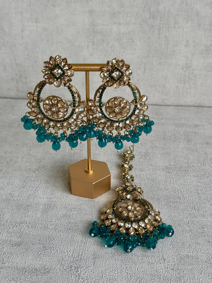 Ayura Designs Feroza Tikka & Earrings Set – Gold-Plated with Handcrafted Kundan Work, Teal Bead Droplets & Intricate Floral Motifs