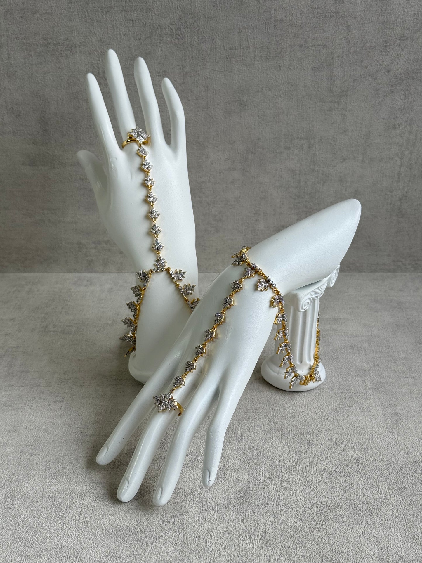 Ayura Designs Aagya Haathphool – Set of 2 Gold & Silver Ring-Bracelet Chains with Floral Diamond-Cut Detailing