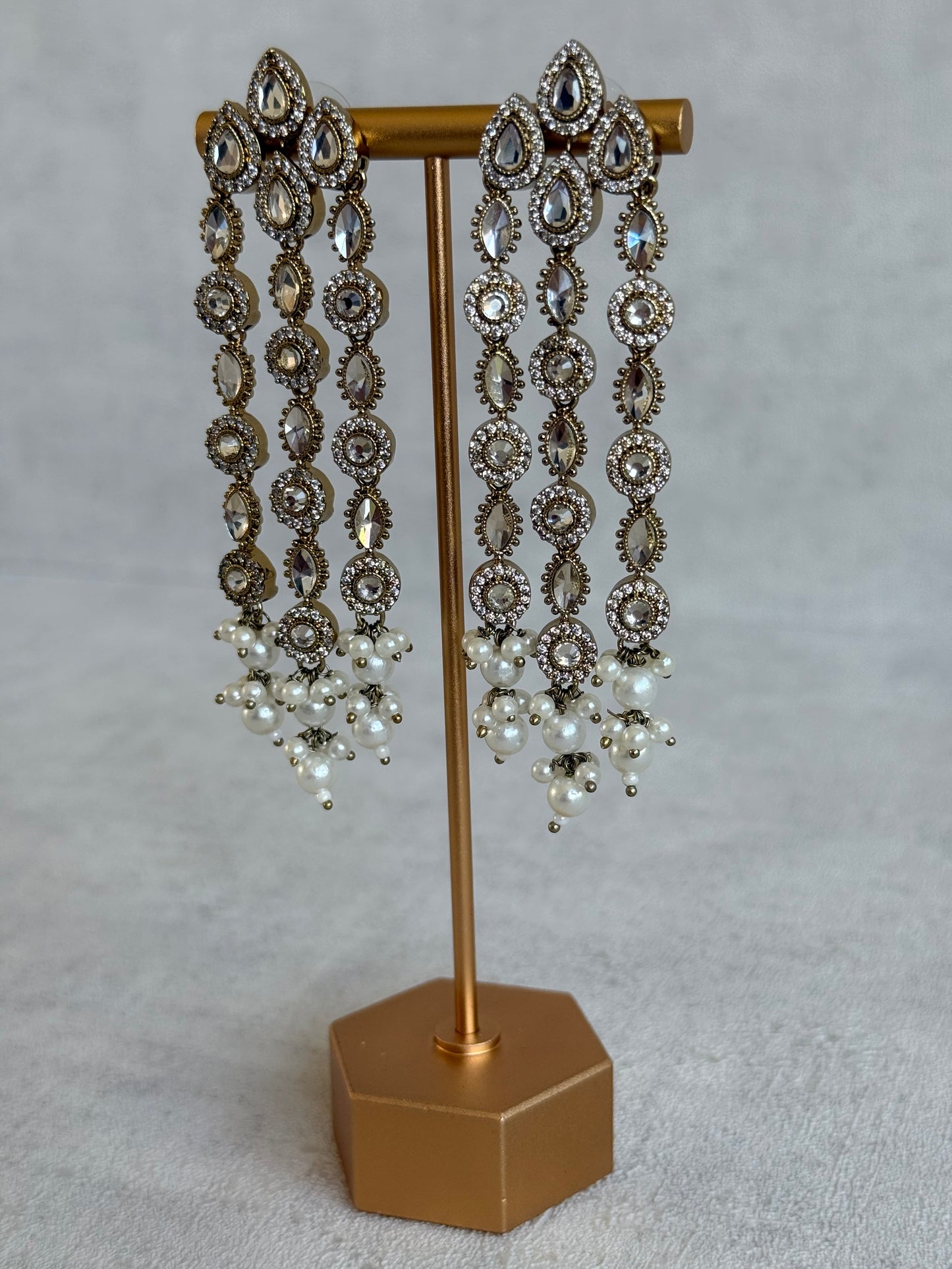 Ayura Designs Emilia Earrings – Gold Triple Strand Statement Earrings with Crystal Stones & Pearl Drops