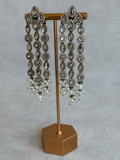 Ayura Designs Emilia Earrings – Gold Triple Strand Statement Earrings with Crystal Stones & Pearl Drops