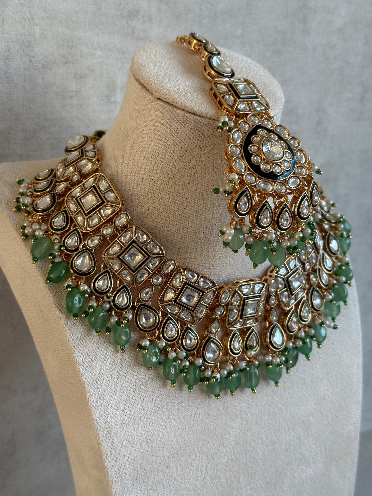 Ayura Designs Ishrat Set with Necklace, Earrings & Tikka – Kundan Detailing, Pearl Drops & Sage Green Beads