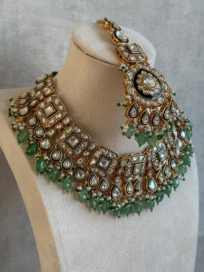 Ayura Designs Ishrat Set with Necklace, Earrings & Tikka – Kundan Detailing, Pearl Drops & Sage Green Beads