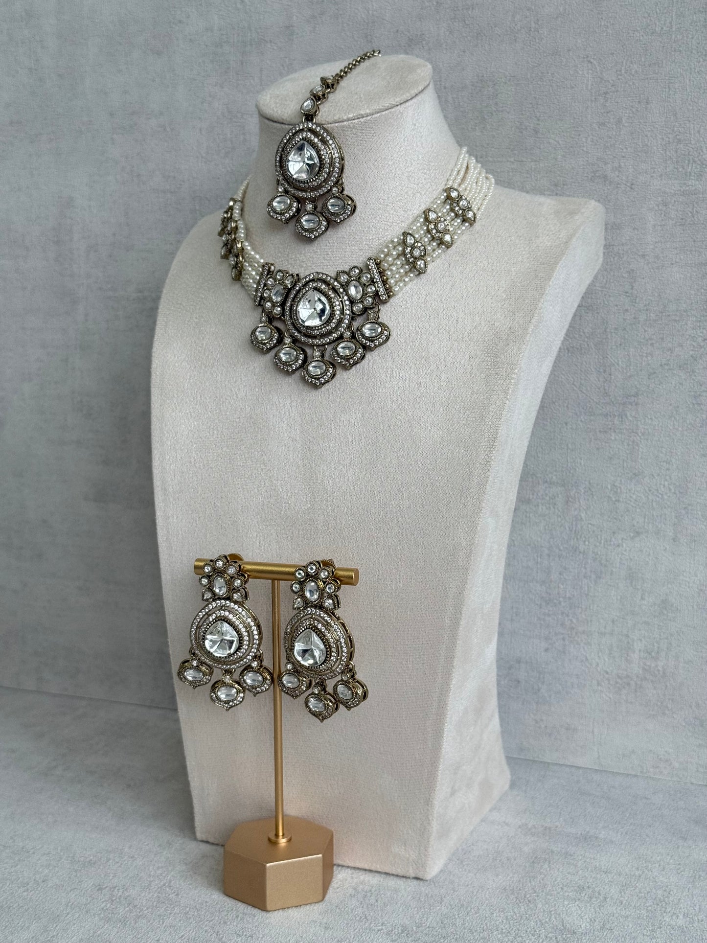 Ayura Designs Rahi Necklace Set with Earrings & Tikka – Ivory Pearl Stones with Mirror-Cut Detailing & Pearl Strands