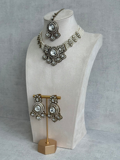 Ayura Designs Rahi Necklace Set with Earrings & Tikka – Ivory Pearl Stones with Mirror-Cut Detailing & Pearl Strands