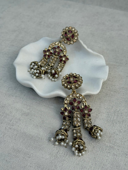 Ayura Designs Soraya Earrings – Deep Berry Stones, Champagne Crystals, Pearl Detailing & Gold Finish
