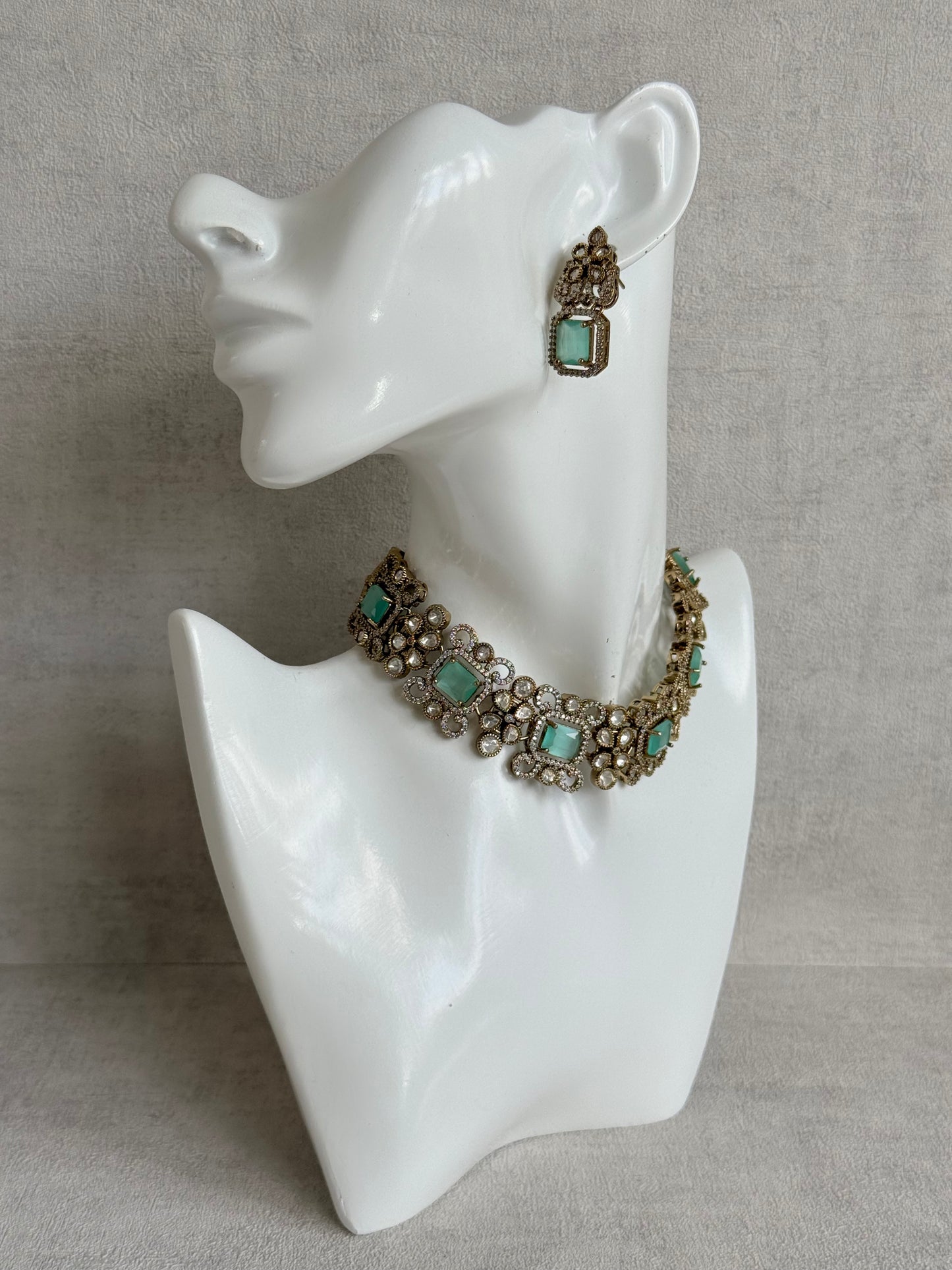 Ayura Designs Celine Necklace Set with Earrings – Moissanite Mint Green Statement Set