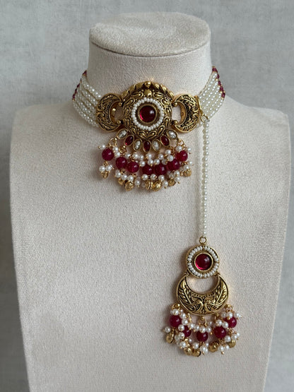Ayura Designs Mehr Choker Set with Earrings & Tikka – Ruby Pink Stones, Ruby Pink Beads, Pearl Strands & Antique Gold Finish