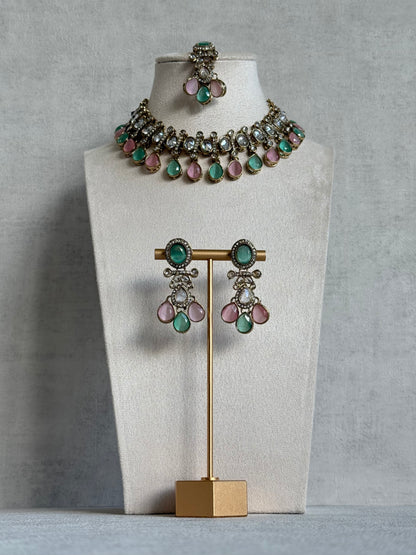 Ayura Designs Ava Necklace Set with Earrings & Tikka – Mint Green & Blush Pink Stone Necklace Set in Antique Gold Finish