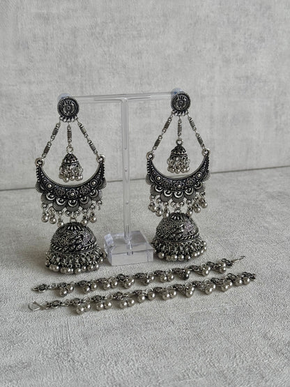 Ayura Designs Nazaakat Jhumkas - Oxidised Silver Earrings with Detachable Sahare | Antique Finish