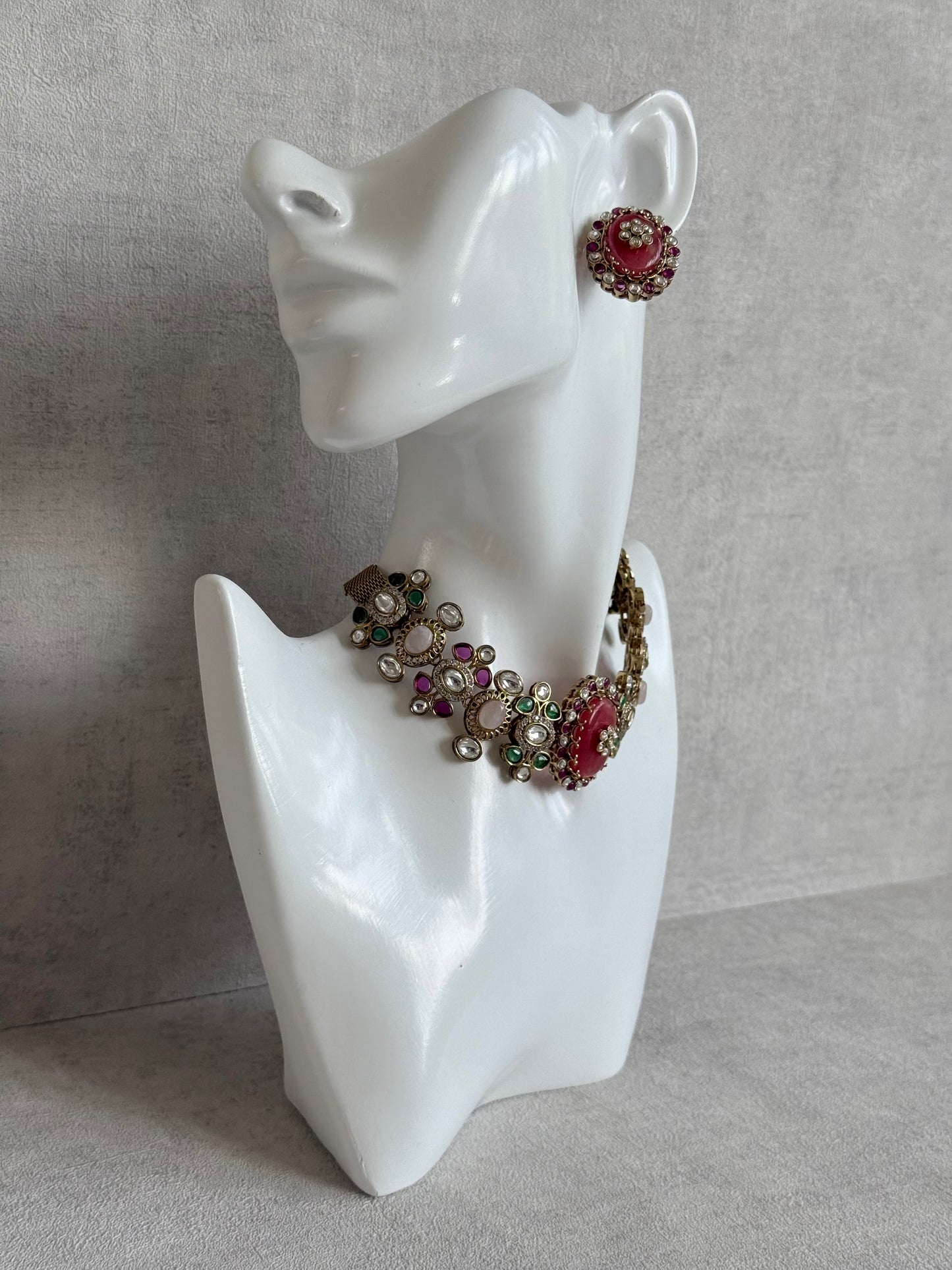 Ayura Designs Nova Necklace Set with Stud Earrings – Rose Pink Centre Stone, Kundan Detailing & Multicolour Gemstone Accents