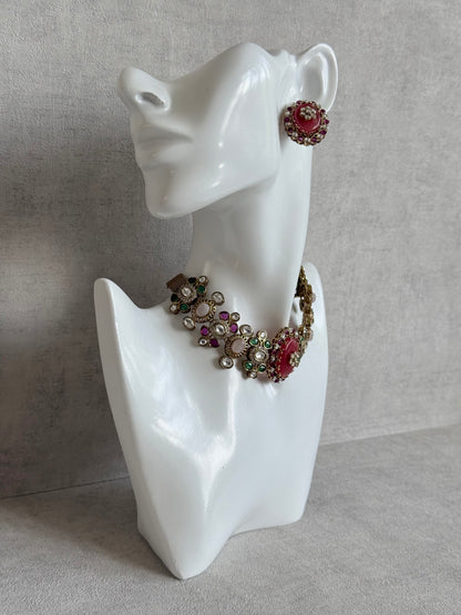 Ayura Designs Nova Necklace Set with Stud Earrings – Rose Pink Centre Stone, Kundan Detailing & Multicolour Gemstone Accents