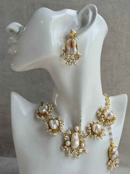 Ayura Designs Niamh Set with Tikka & Earrings - Baroque Pearl, Mother of Pearl & Crystals