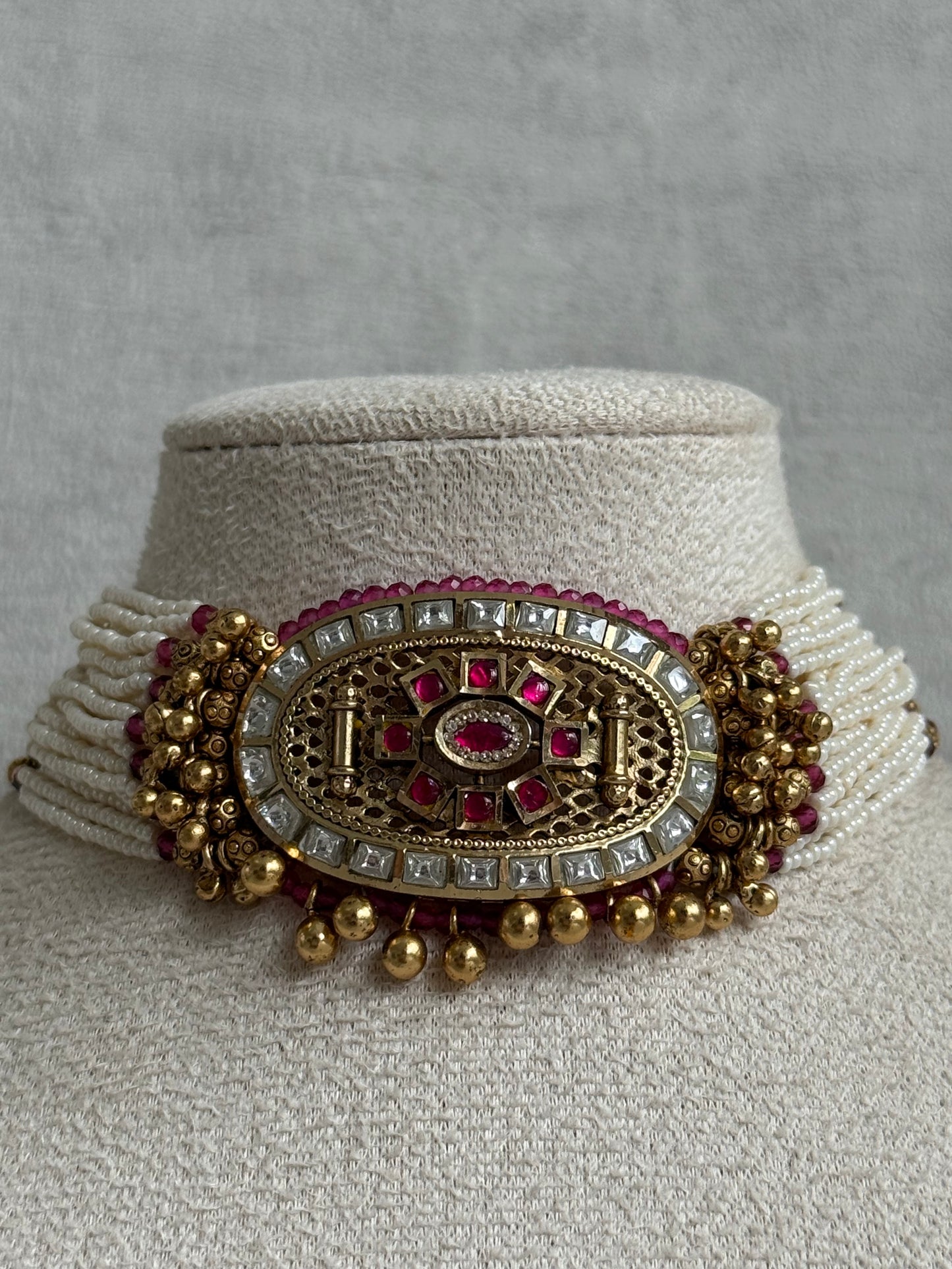 Ayura Designs Amiri Choker Set with Stud Earrings – Ruby Pink Stones, Pearl Strands & Moissanite Detailing
