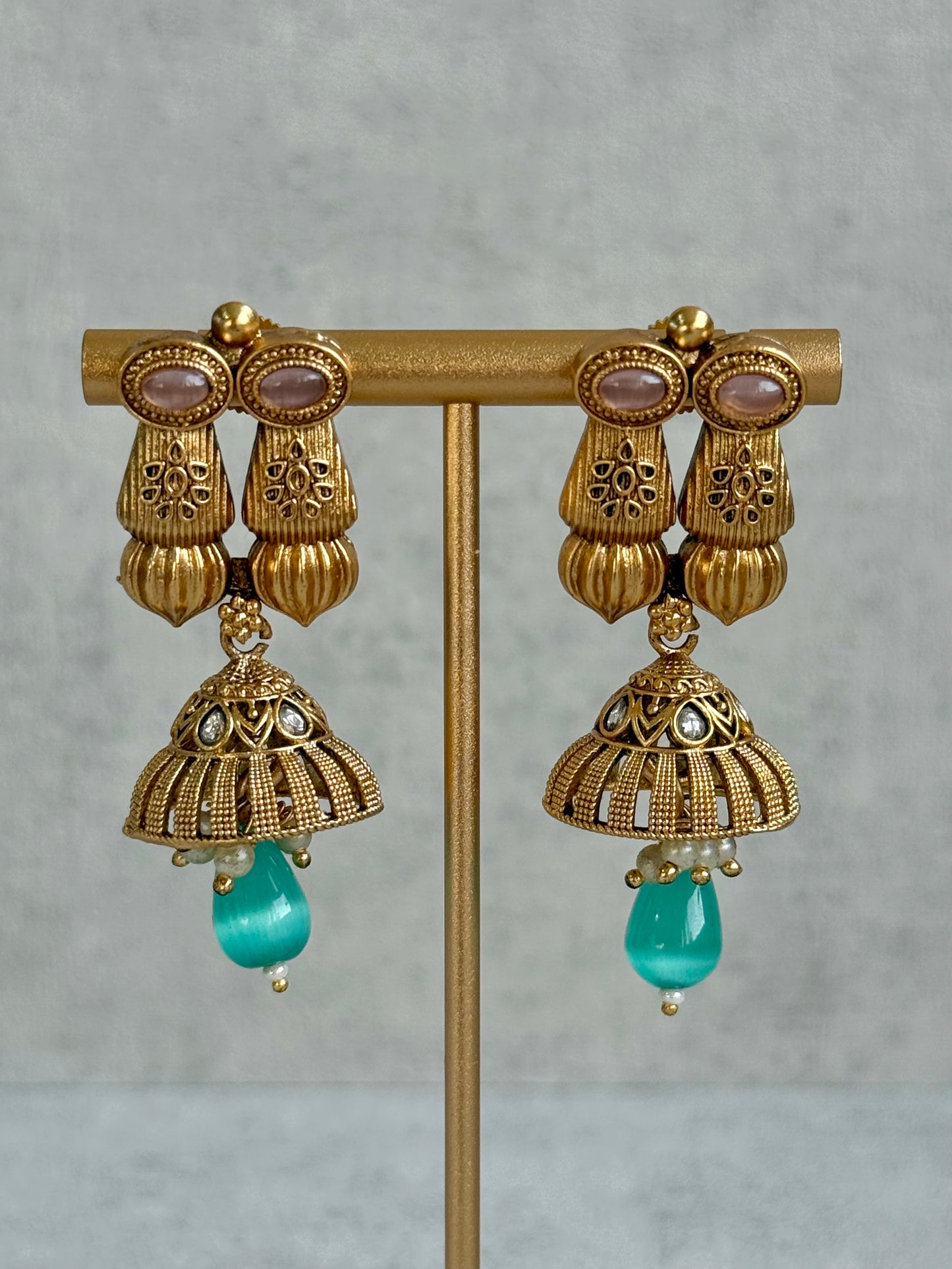 Ayura Designs Aima Necklace Set with Earrings – Antique Gold with Blush Pink & Aqua Green Stones