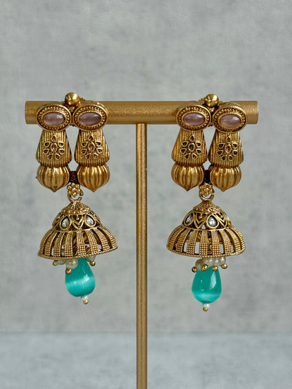 Ayura Designs Aima Necklace Set with Earrings – Antique Gold with Blush Pink & Aqua Green Stones