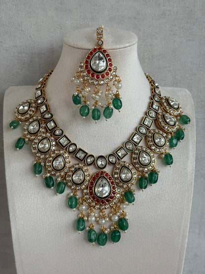 Ayura Designs Eesha Set with Necklace, Earrings & Tikka – Multicolour Stones with Kundan Detailing, Emerald Green Beads & Pearl Drops
