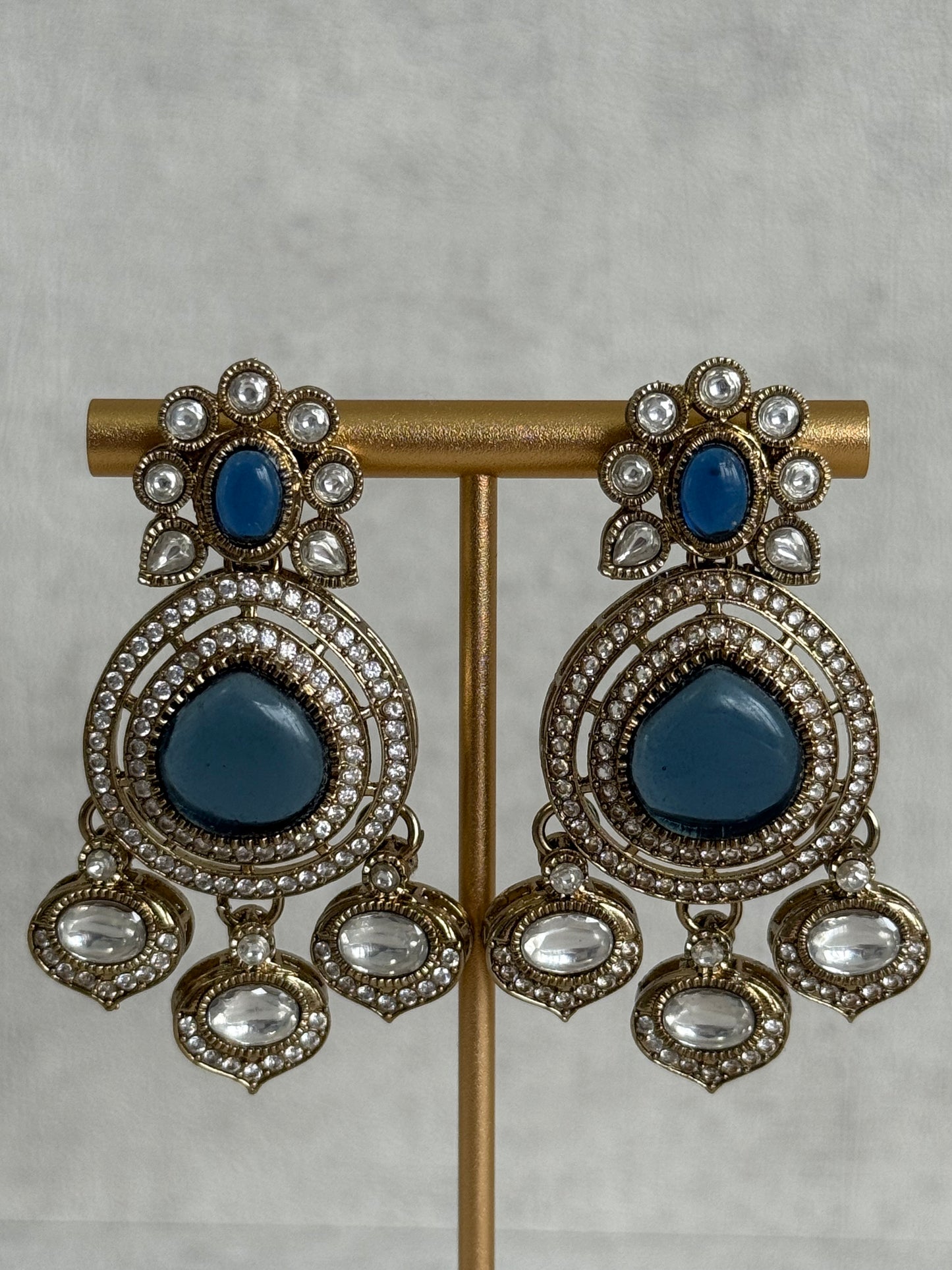Ayura Designs Rahi Necklace Set with Earrings & Tikka – Ink Blue Stones with Mirror-Cut Detailing & Pearl Strands