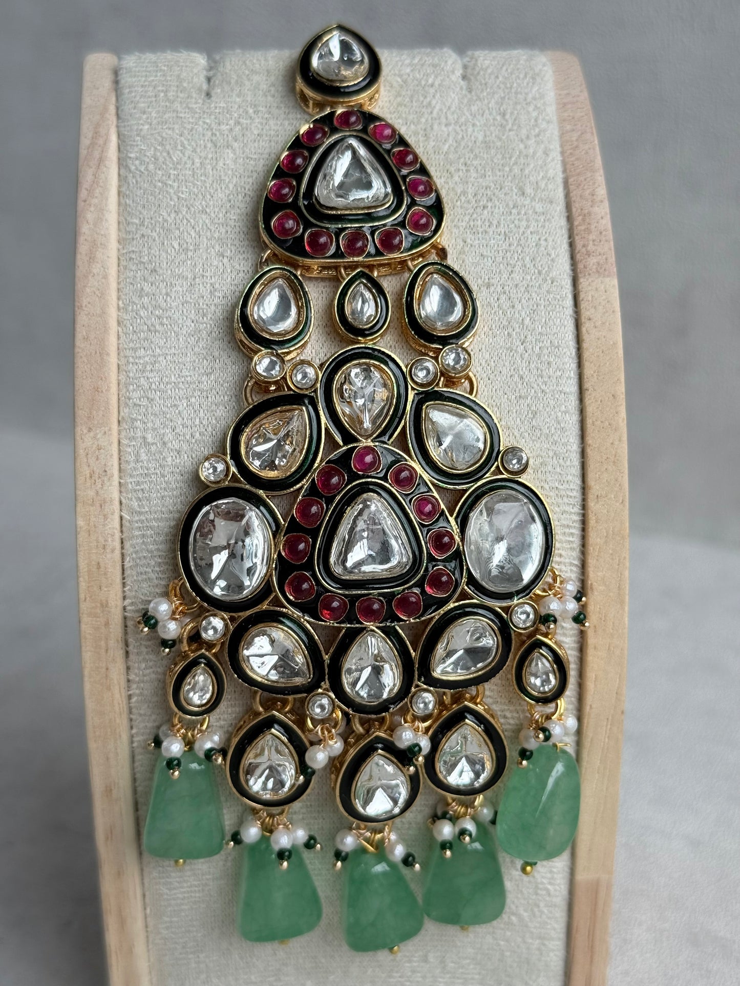 Ayura Designs Salma Jhoomar Passa – Jade Green Drops with Kundan Stones & Antique Gold Finish