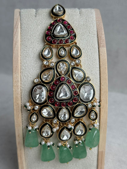 Ayura Designs Salma Jhoomar Passa – Jade Green Drops with Kundan Stones & Antique Gold Finish